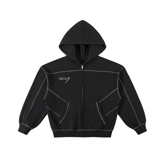 Contrast-Stitched Boxy Fleece Zip Hoodie