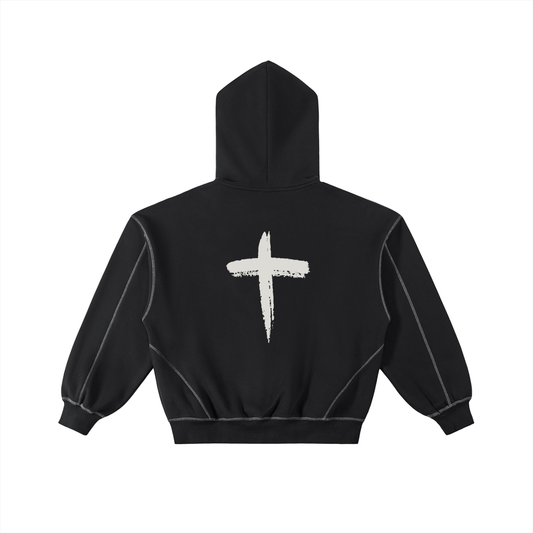 Contrast-Stitched Boxy Fleece Zip Hoodie