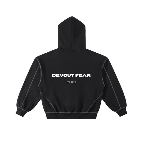 (DEVOUT FEAR) Contrast-Stitched Boxy Fleece Zip Hoodie