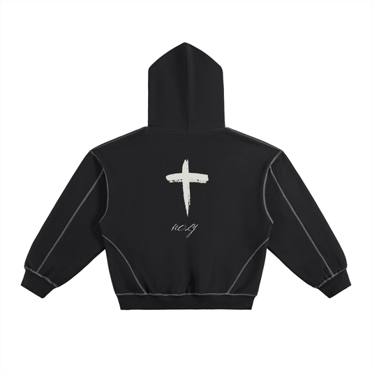 Contrast-Stitched Boxy Fleece Hoodie