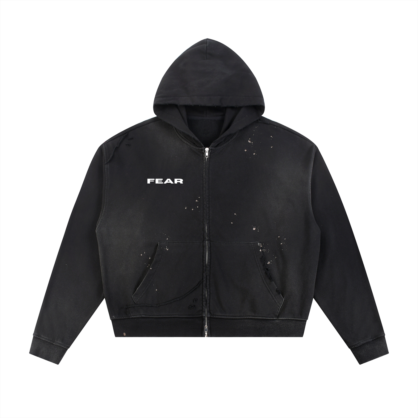 (DEVOUT FEAR) Sun Fade Frayed Raw Edge Fleece Zip Hoodie