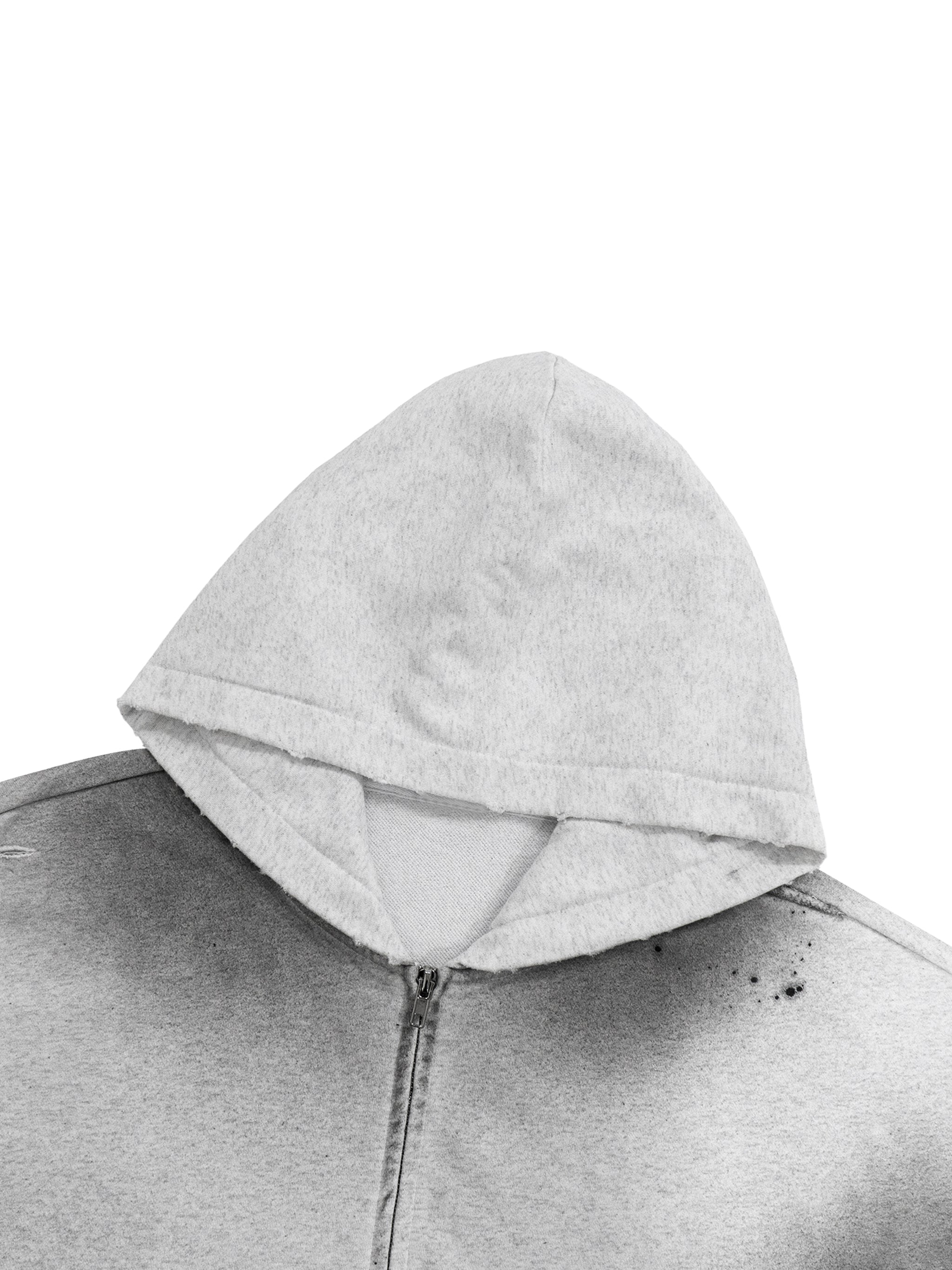 (DEVOUT FEAR) Sun Fade Frayed Raw Edge Fleece Zip Hoodie